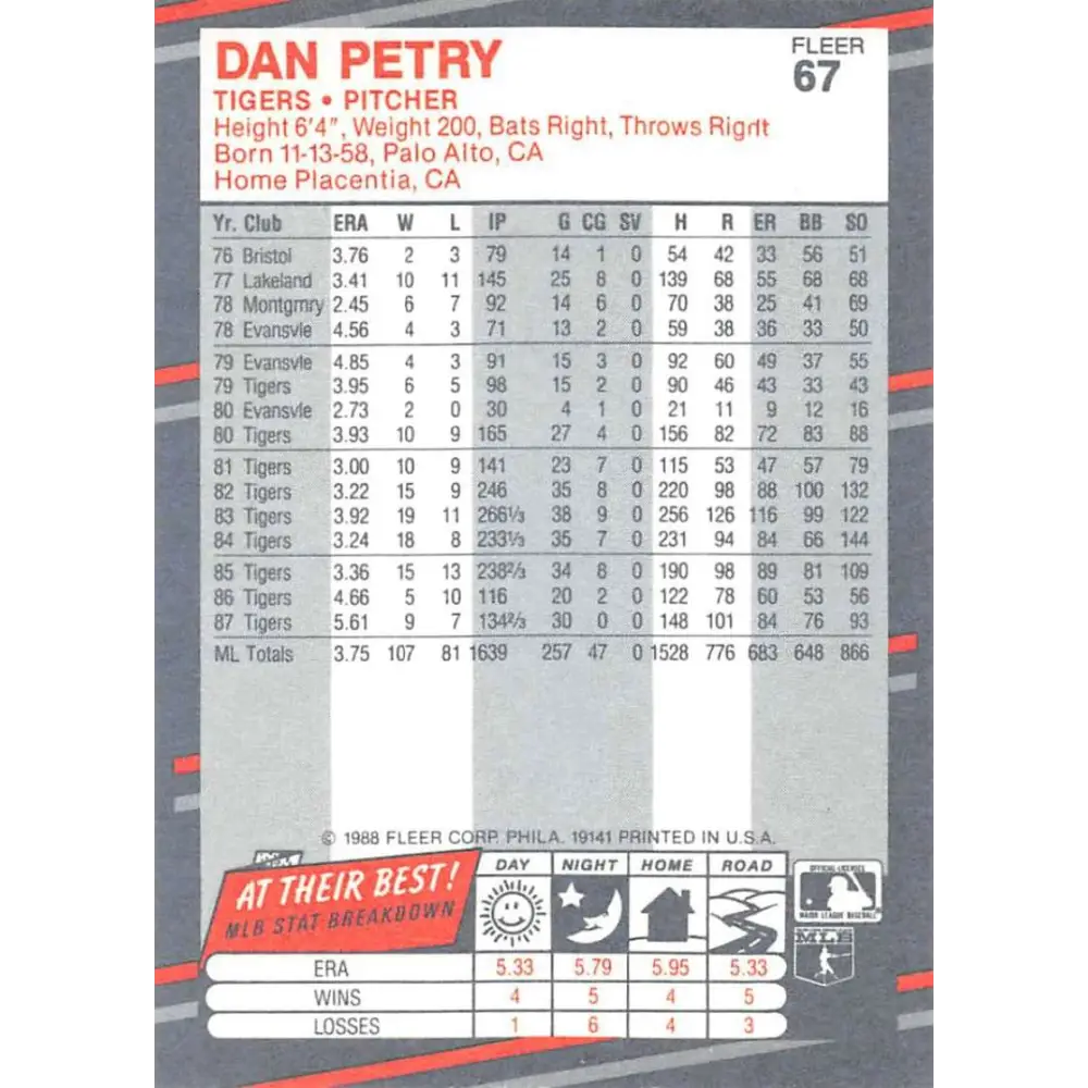 1988 Fleer #67 Dan Petry EX Excellent Detroit Tigers Baseball Card  Image 2