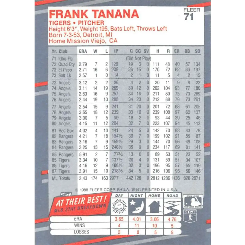 1988 Fleer #71 Frank Tanana EX Excellent Detroit Tigers Baseball Card  Image 2
