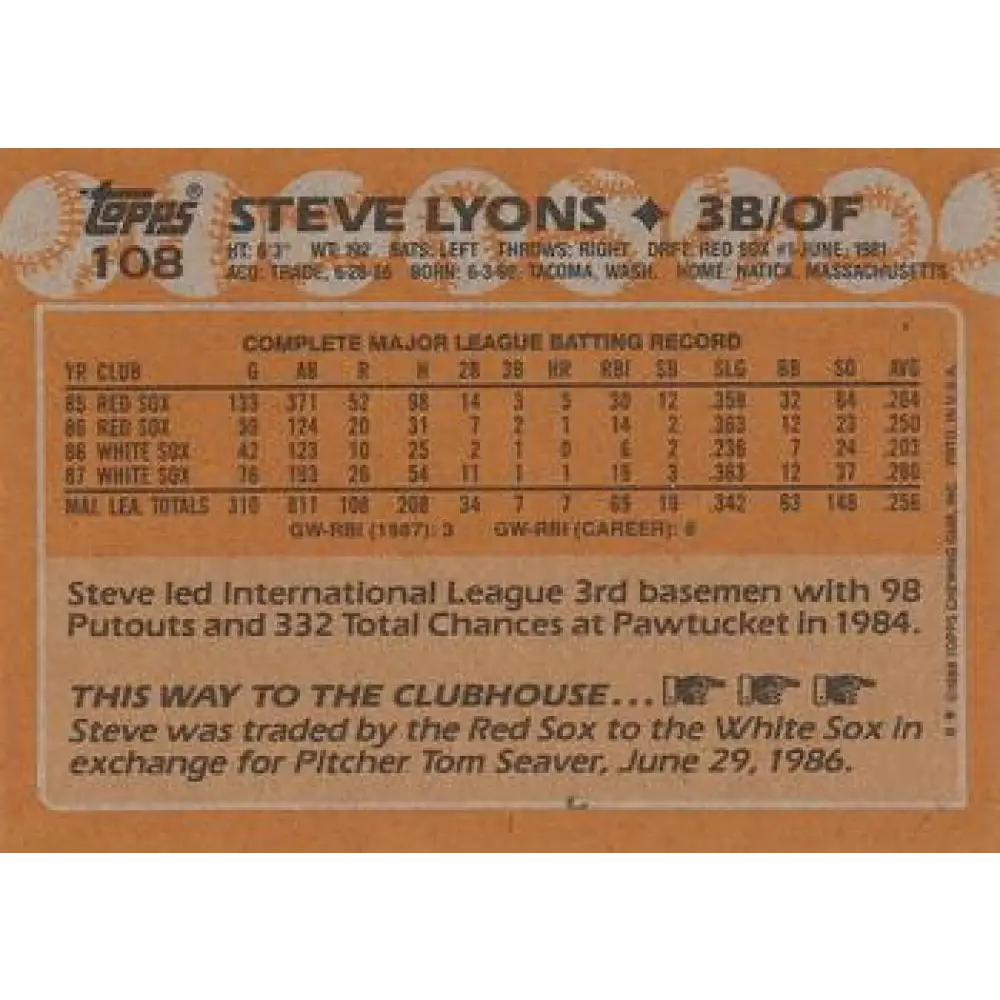 1988 Topps #108 Steve Lyons NM-MT Chicago White Sox Baseball Card  Image 2