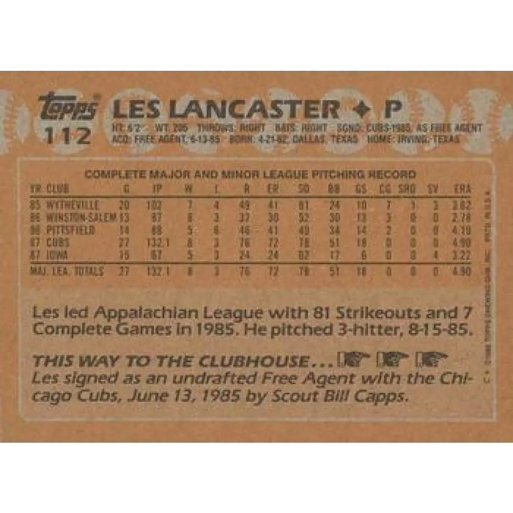1988 Topps #112 Les Lancaster NM-MT RC Rookie Chicago Cubs Baseball Card  Image 2