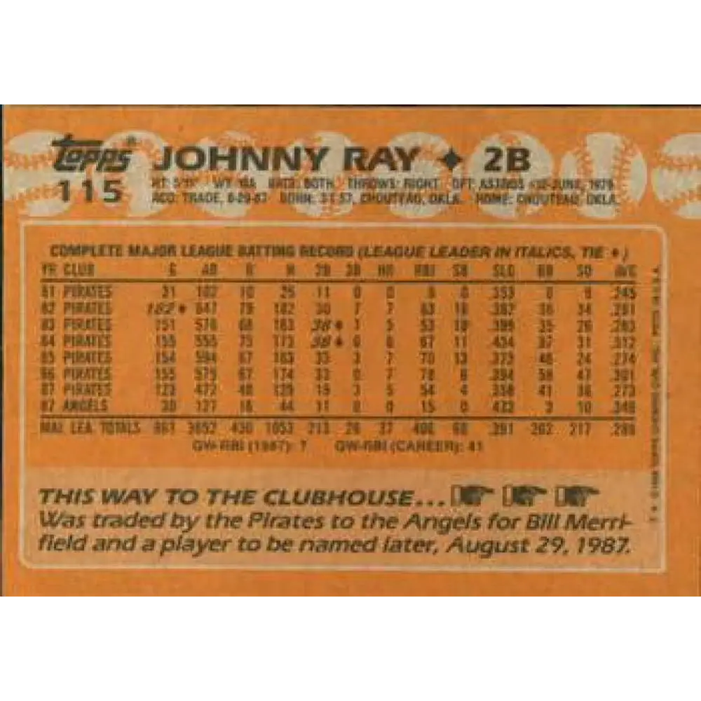 1988 Topps #115 Johnny Ray NM-MT California Angels Baseball Card  Image 2