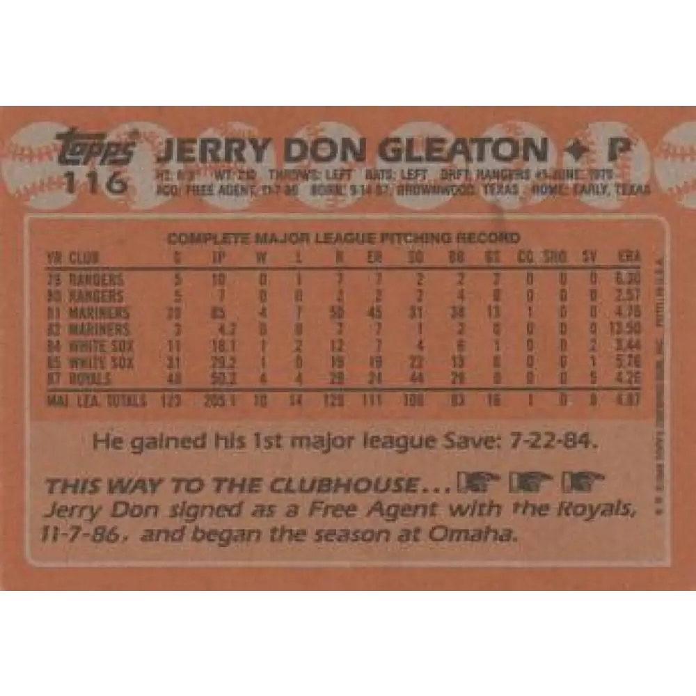 1988 Topps #116 Jerry Don Gleaton NM-MT Kansas City Royals Baseball Card  Image 2
