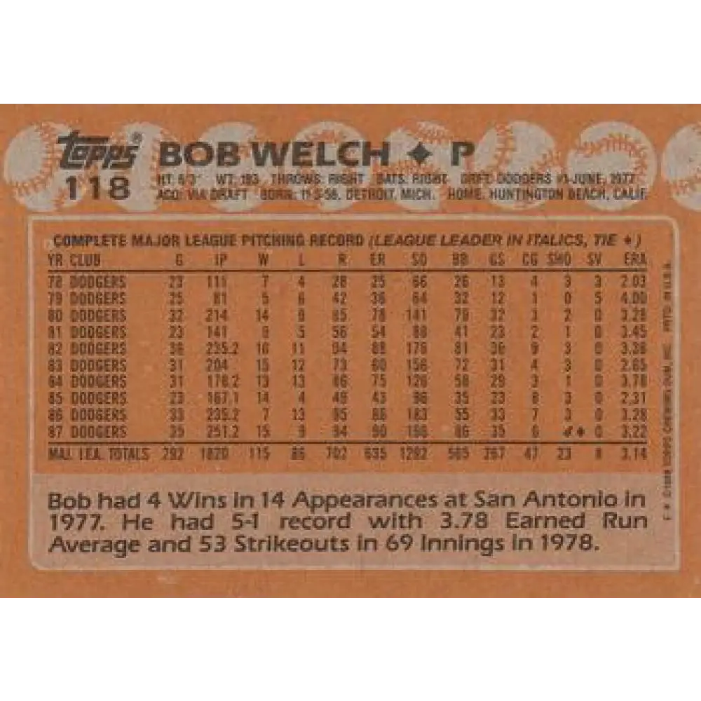 1988 Topps #118 Bob Welch NM-MT Los Angeles Dodgers Baseball Card  Image 2