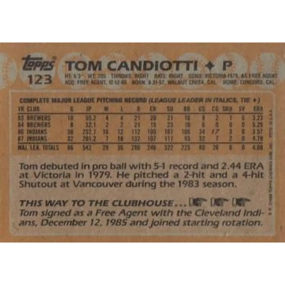1988 Topps #123 Tom Candiotti NM-MT Cleveland Indians Baseball Card  Image 2