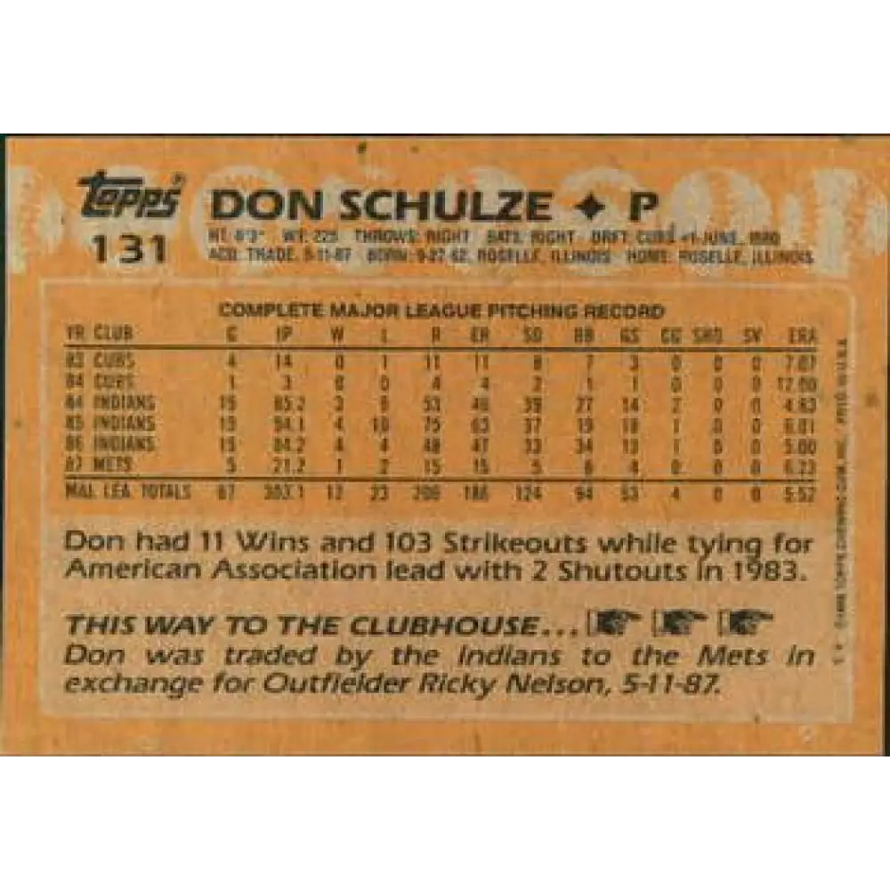 1988 Topps #131 Don Schulze NM-MT New York Mets Baseball Card  Image 2
