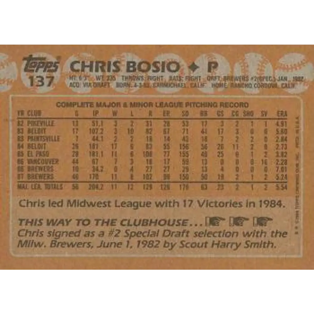 1988 Topps #137 Chris Bosio NM-MT Milwaukee Brewers Baseball Card  Image 2