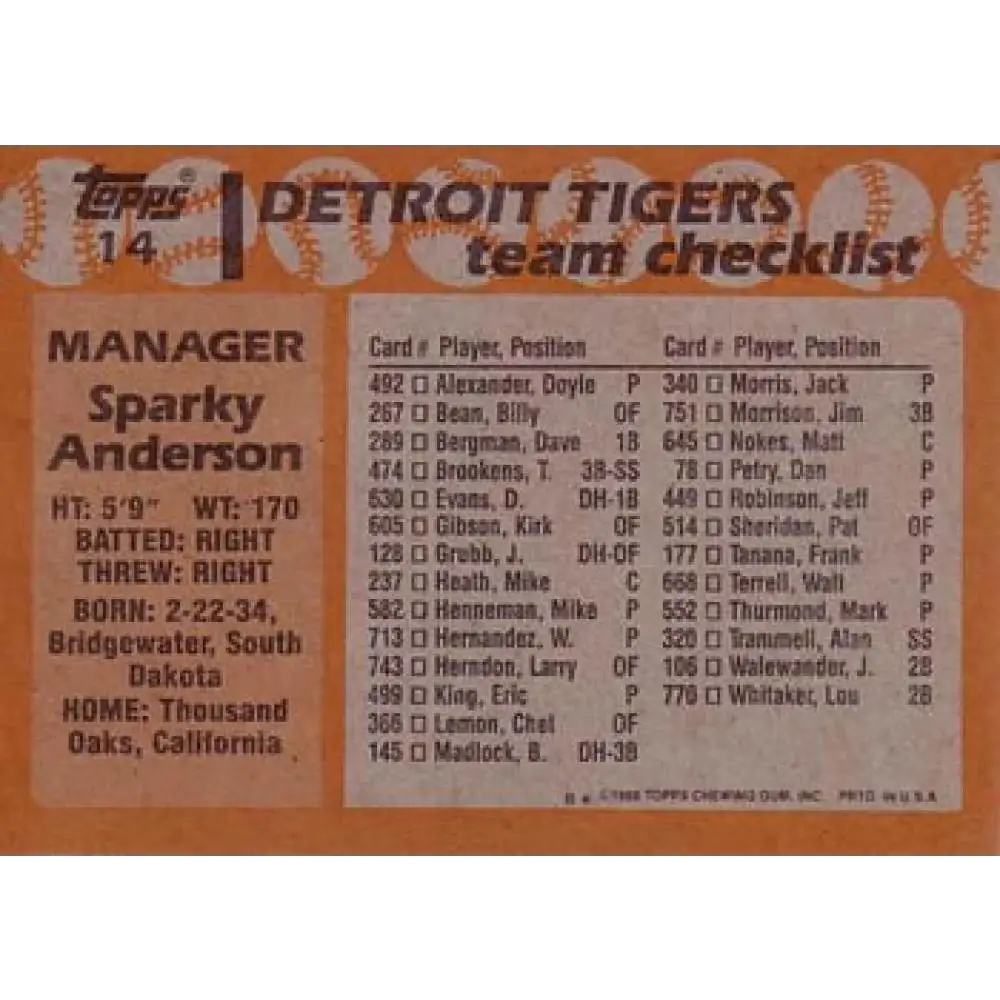 1988 Topps #14 Sparky Anderson NM-MT Detroit Tigers Baseball Card  Image 2