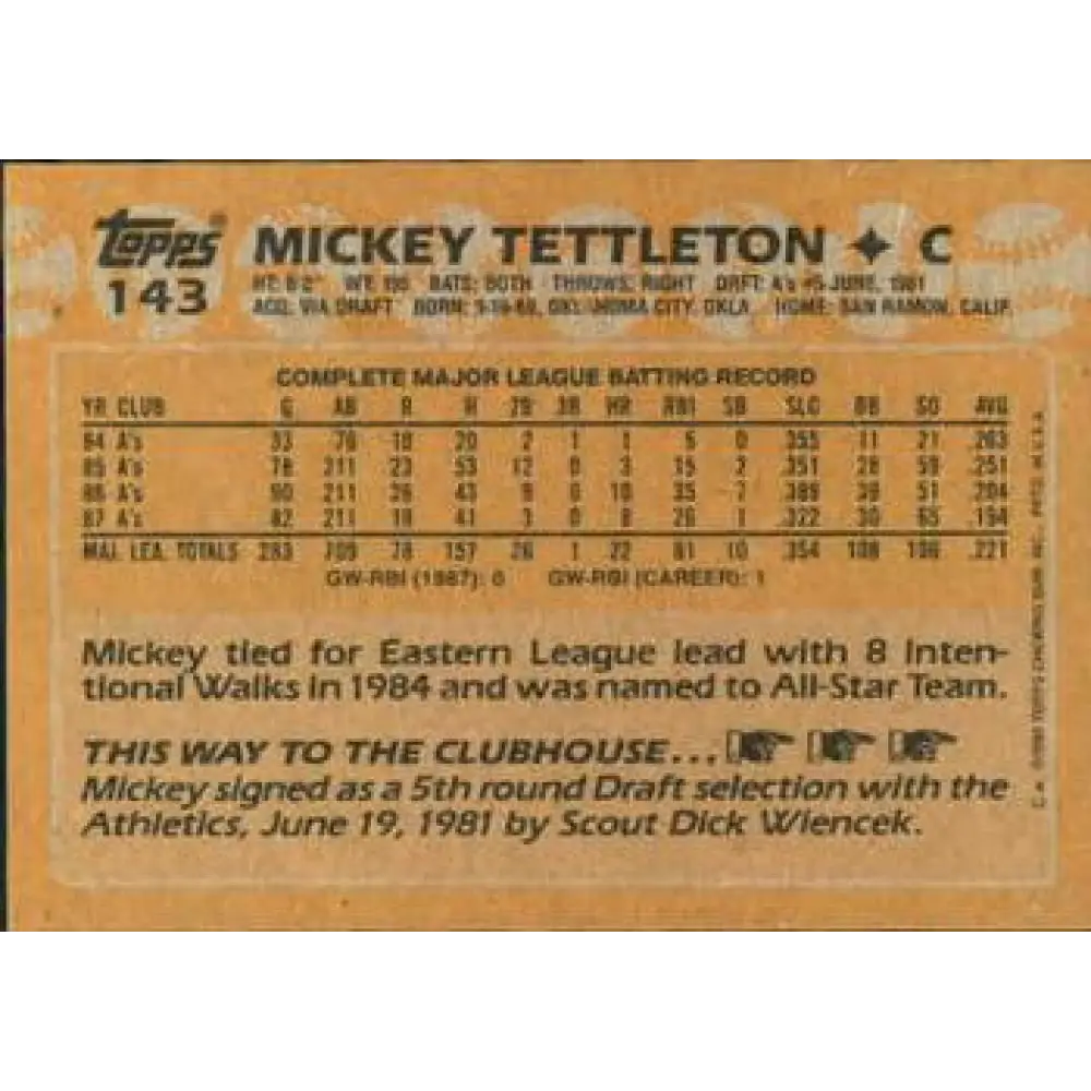1988 Topps #143 Mickey Tettleton NM-MT Oakland Athletics Baseball Card  Image 2