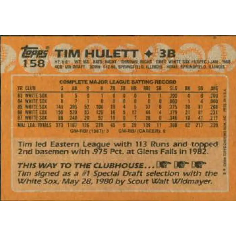 1988 Topps #158 Tim Hulett NM-MT Chicago White Sox Baseball Card  Image 2