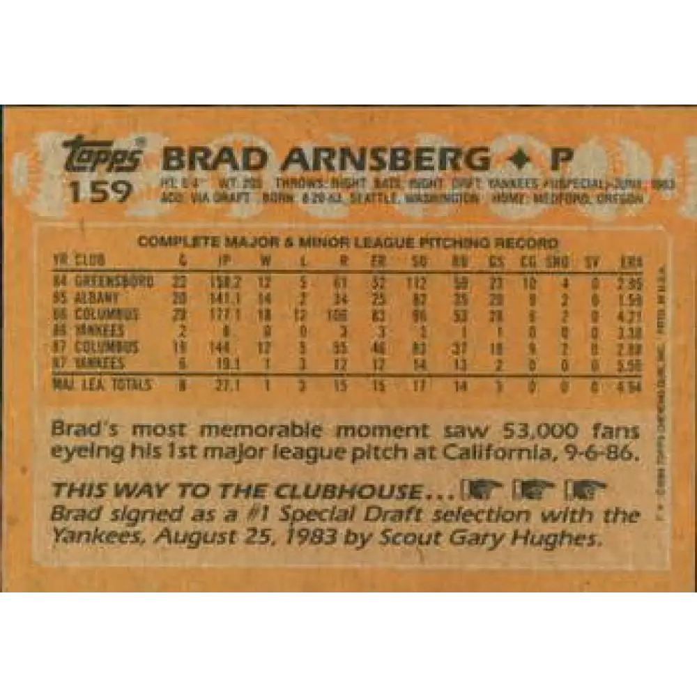 1988 Topps #159 Brad Arnsberg NM-MT RC Rookie New York Yankees Baseball Card  Image 2