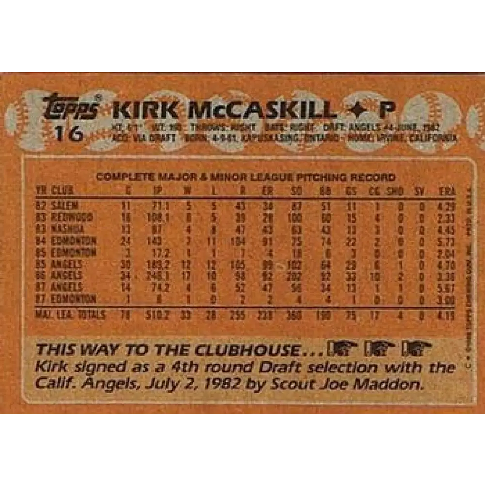 1988 Topps #16 Kirk McCaskill NM-MT California Angels Baseball Card  Image 2