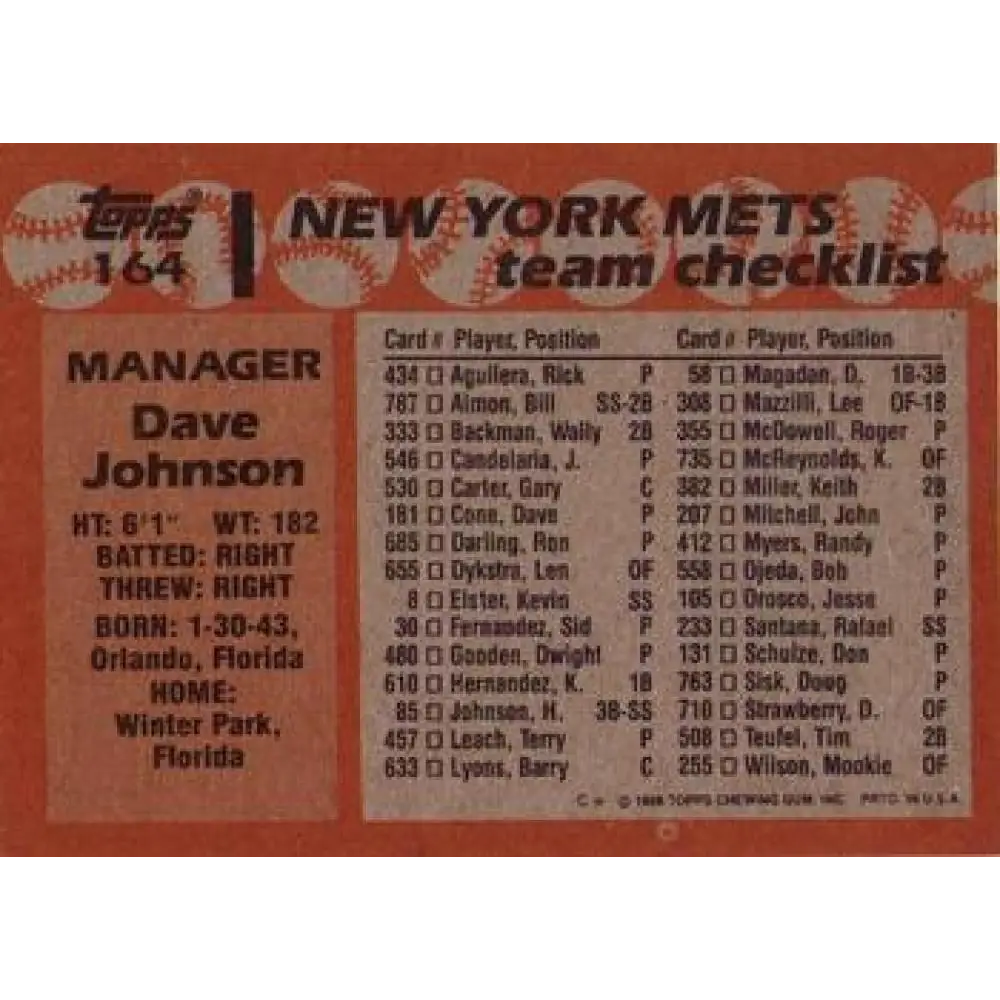 1988 Topps #164 Dave Johnson NM-MT New York Mets Baseball Card  Image 2