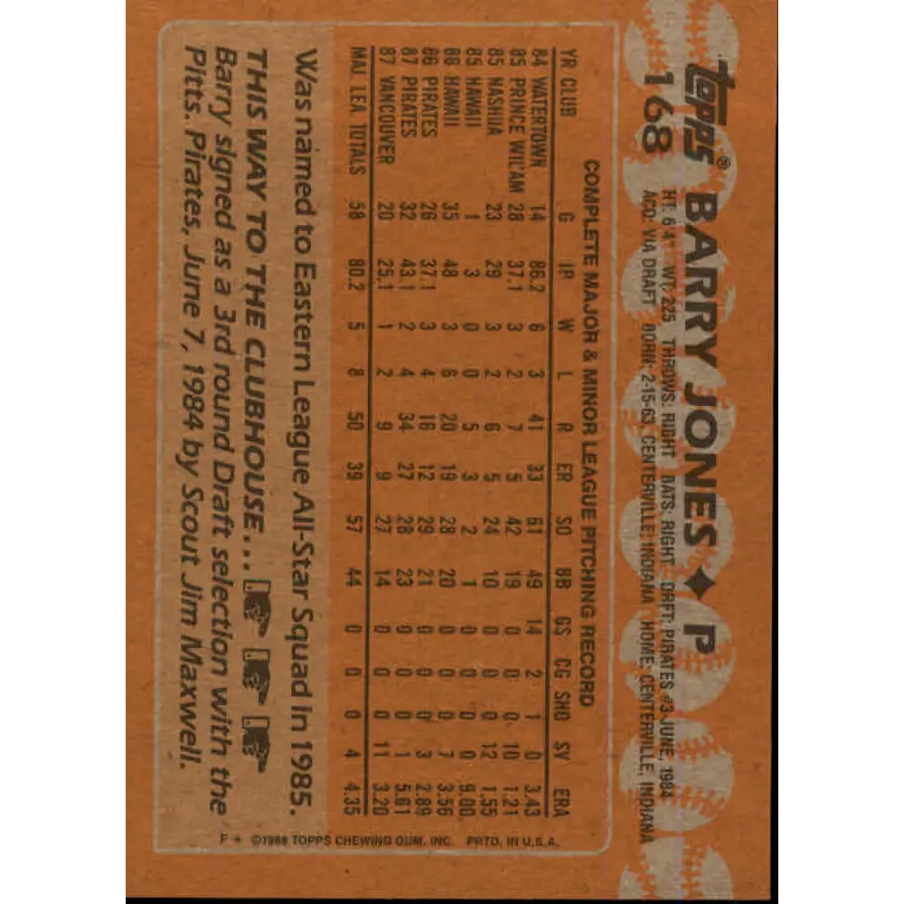 1988 Topps #168 Barry Jones NM-MT Pittsburgh Pirates Baseball Card  Image 2