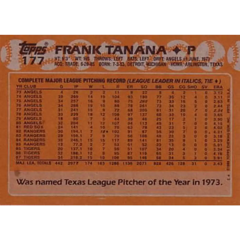 1988 Topps #177 Frank Tanana NM-MT Detroit Tigers Baseball Card  Image 2