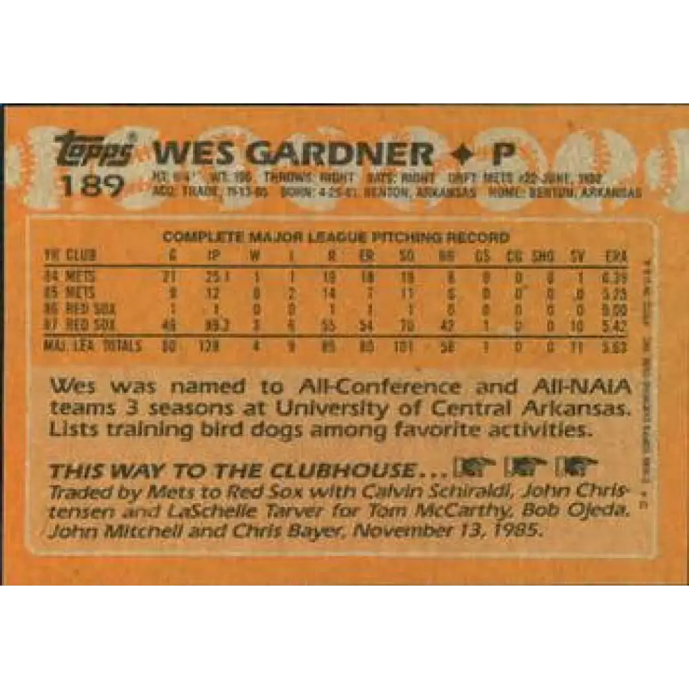 1988 Topps #189 Wes Gardner NM-MT RC Rookie Boston Red Sox Baseball Card  Image 2