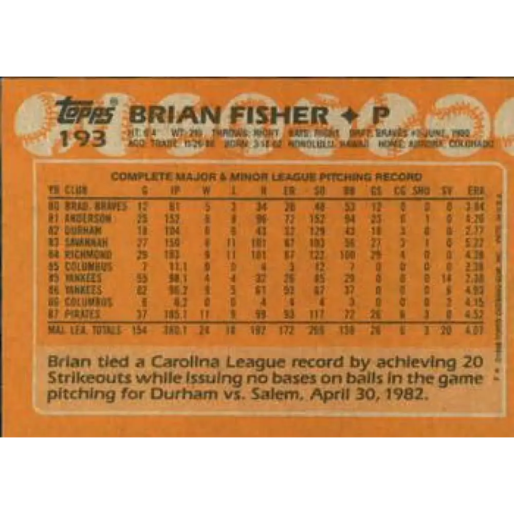 1988 Topps #193 Brian Fisher NM-MT Pittsburgh Pirates Baseball Card  Image 2