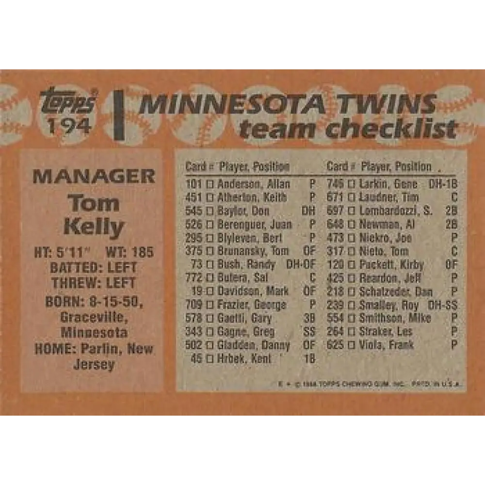1988 Topps #194 Tom Kelly NM-MT Minnesota Twins Baseball Card  Image 2