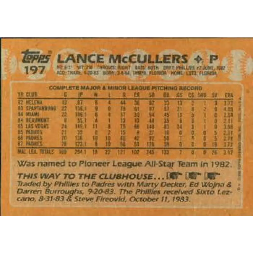 1988 Topps #197 Lance McCullers NM-MT San Diego Padres Baseball Card  Image 2
