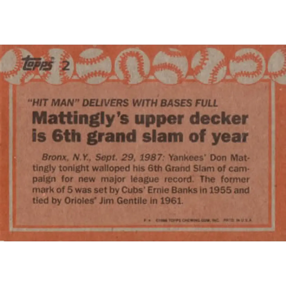 1988 Topps #2 Don Mattingly NM-MT New York Yankees Baseball Card  Image 2