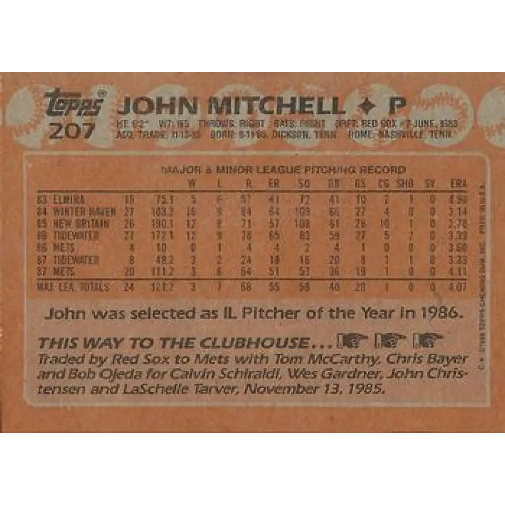 1988 Topps #207 John Mitchell NM-MT RC Rookie New York Mets Baseball Card  Image 2