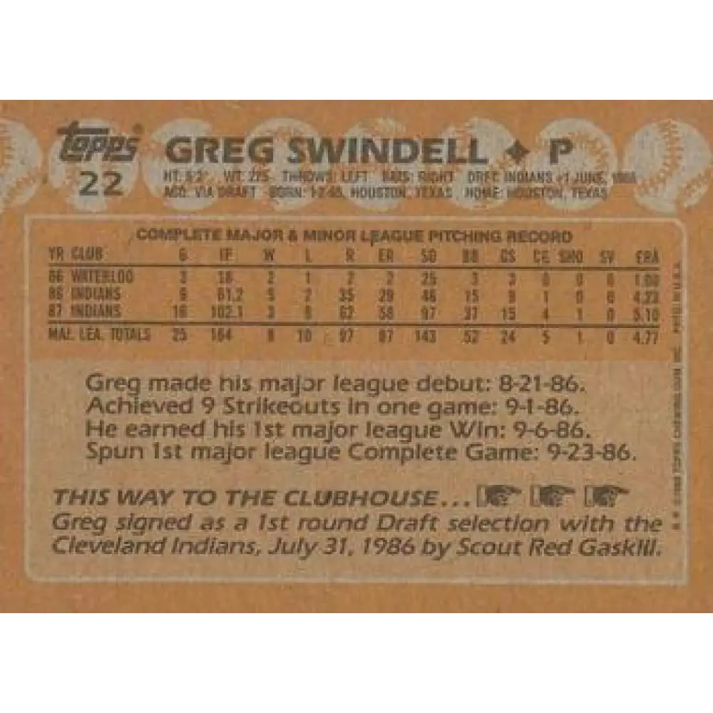 1988 Topps #22 Greg Swindell NM-MT Cleveland Indians Baseball Card  Image 2