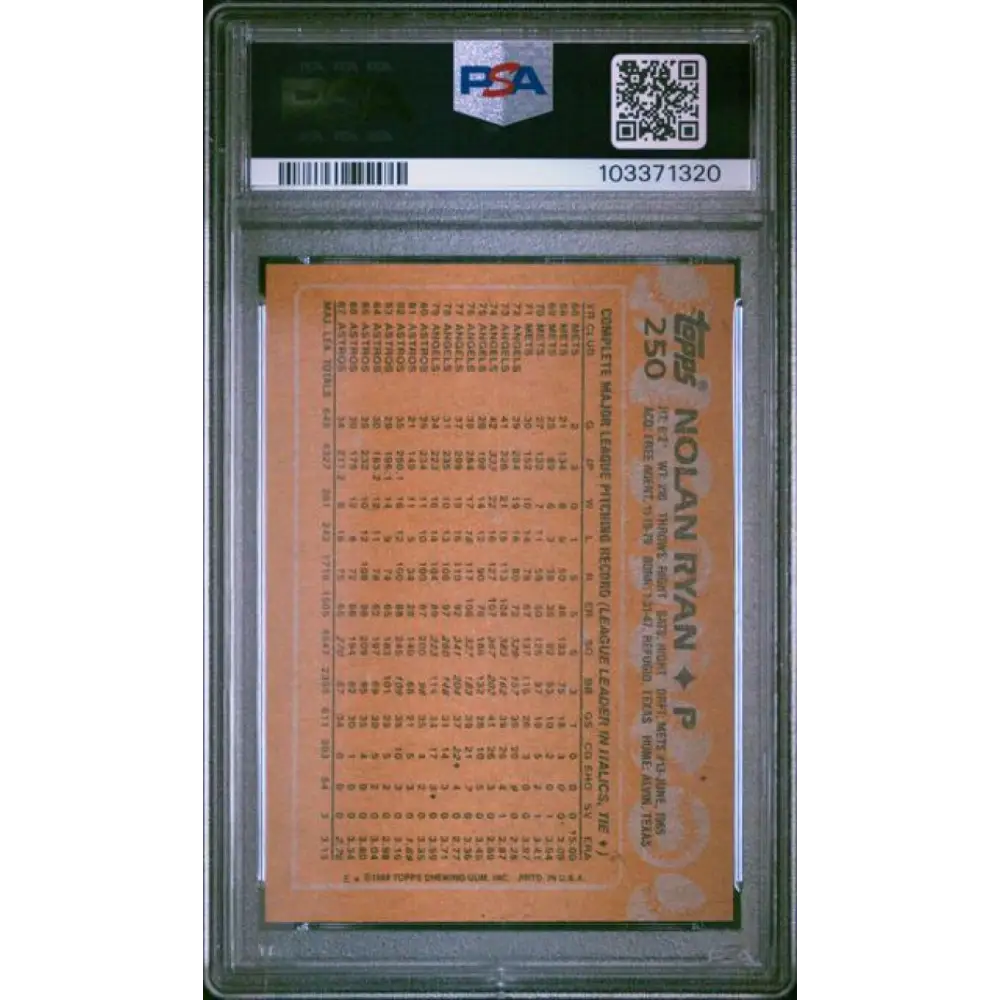 1988 Topps #250 Nolan Ryan PSA 8 NM-MT Houston Astros Baseball Card Image 2