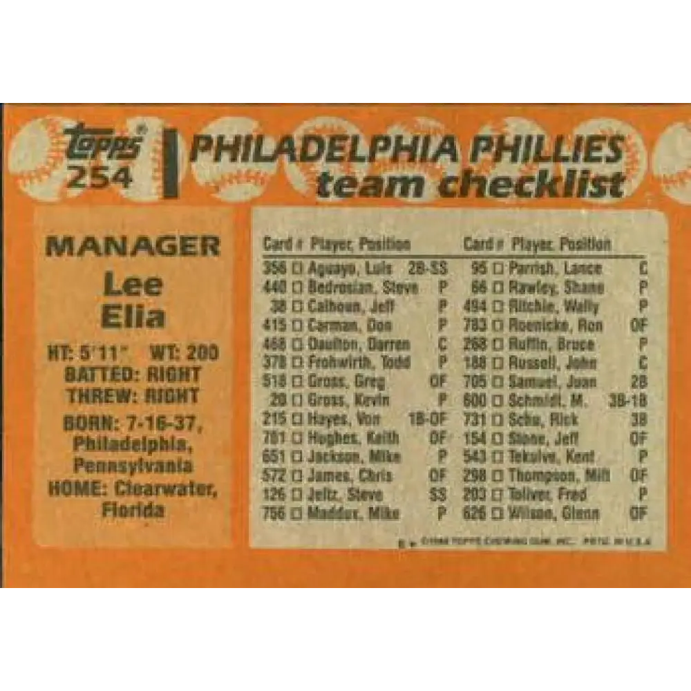1988 Topps #254 Lee Elia NM-MT Philadelphia Phillies Baseball Card  Image 2