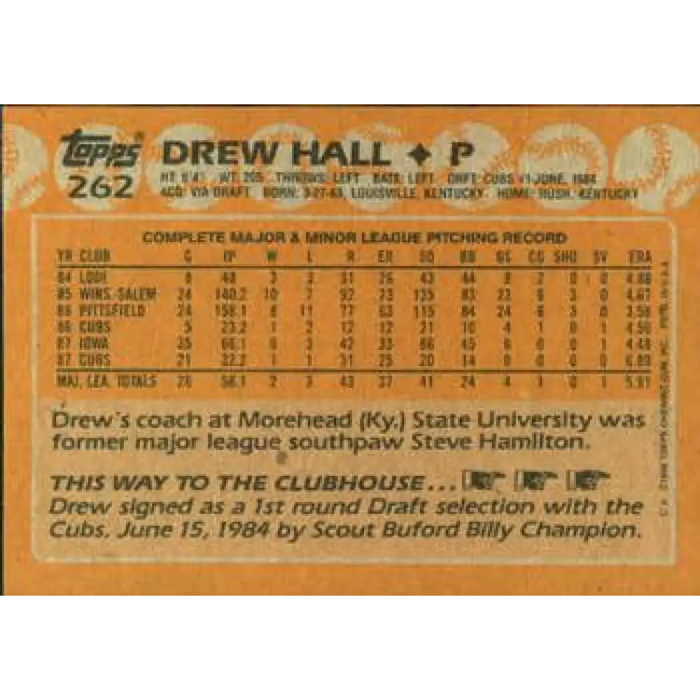 1988 Topps #262 Drew Hall NM-MT Chicago Cubs Baseball Card  Image 2