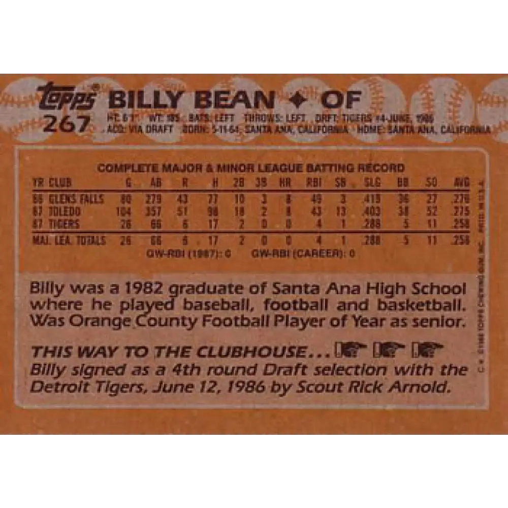 1988 Topps #267 Billy Bean NM-MT RC Rookie Detroit Tigers Baseball Card  Image 2