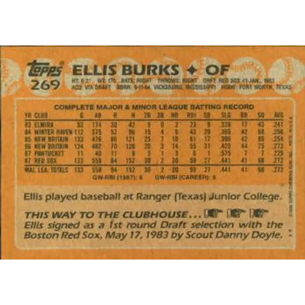 1988 Topps #269 Ellis Burks NM-MT RC Rookie Boston Red Sox Baseball Card  Image 2