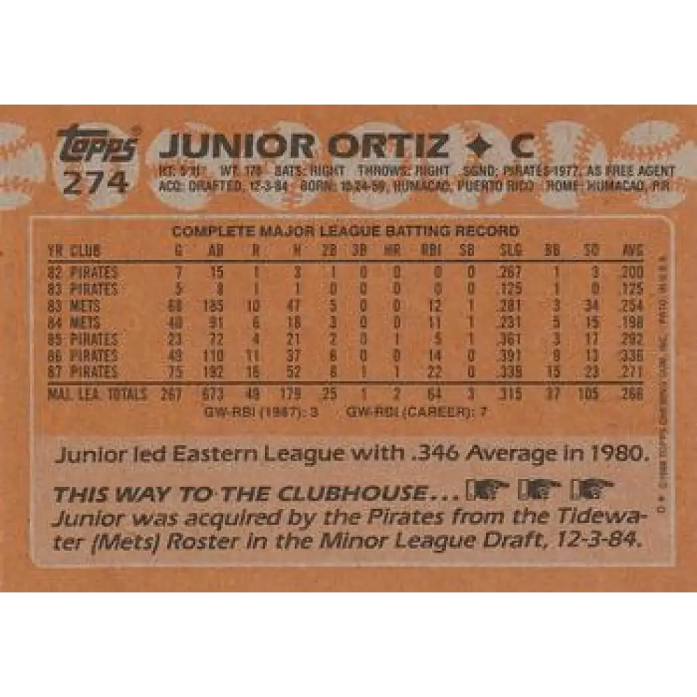 1988 Topps #274 Junior Ortiz NM-MT Pittsburgh Pirates Baseball Card  Image 2