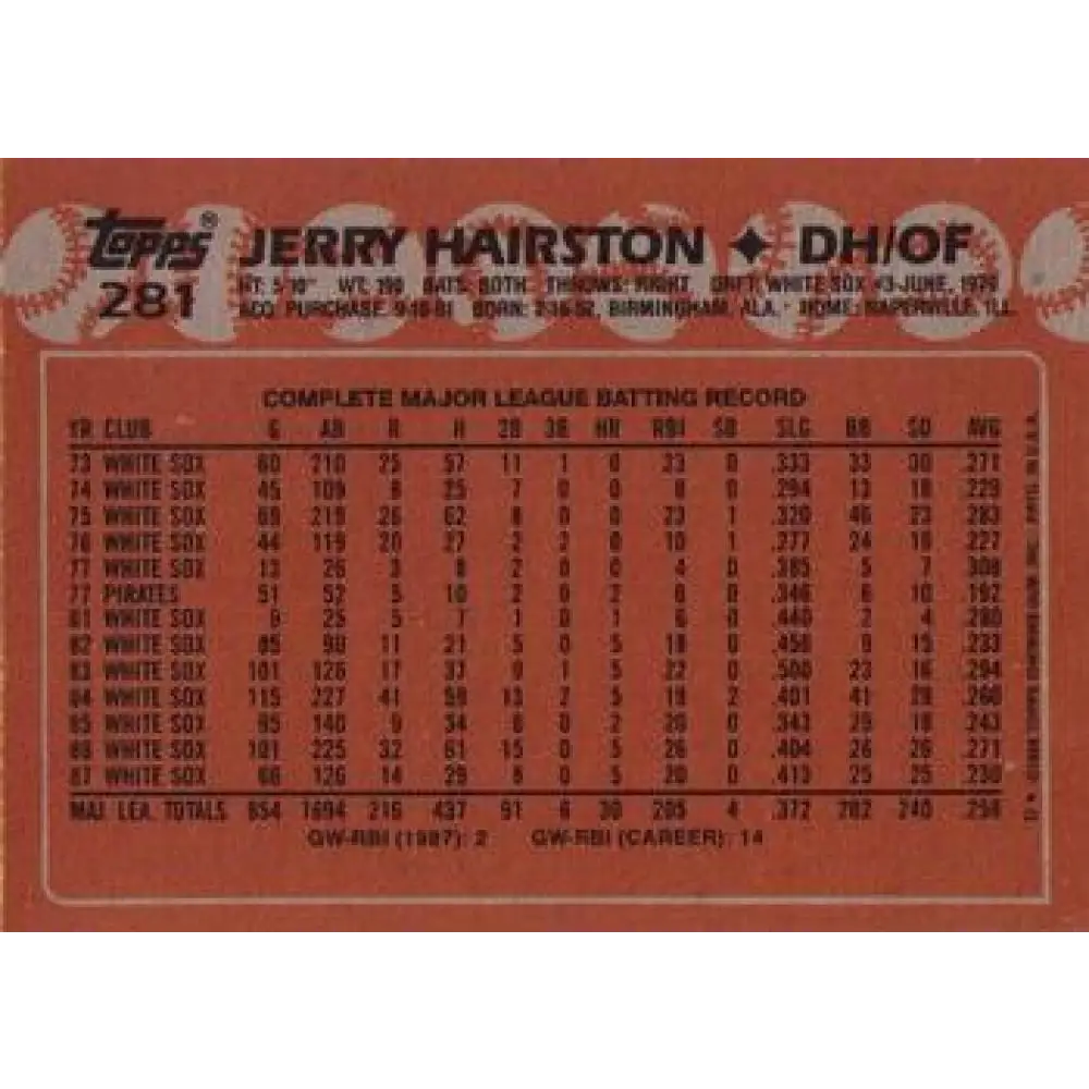 1988 Topps #281 Jerry Hairston NM-MT Chicago White Sox Baseball Card  Image 2