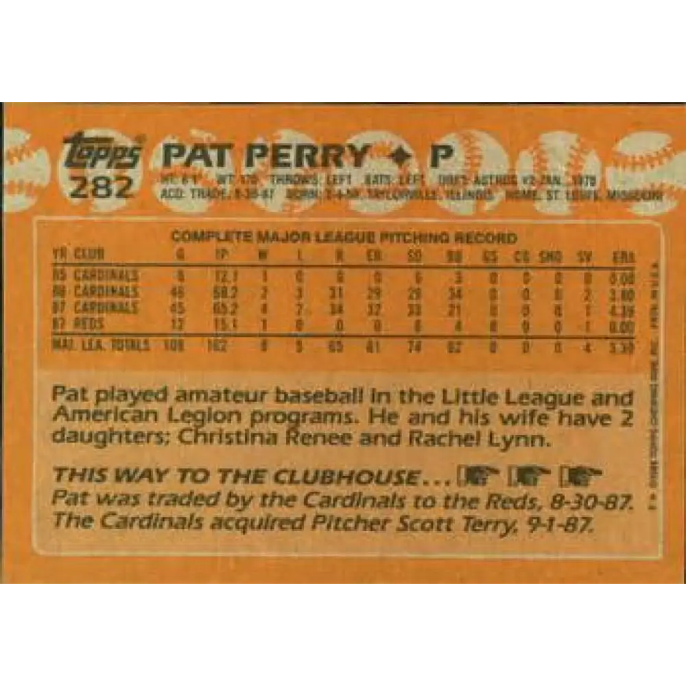 1988 Topps #282 Pat Perry NM-MT Cincinnati Reds Baseball Card  Image 2
