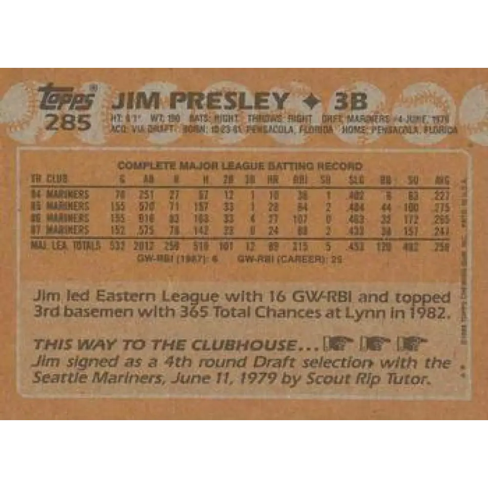 1988 Topps #285 Jim Presley NM-MT Seattle Mariners Baseball Card  Image 2