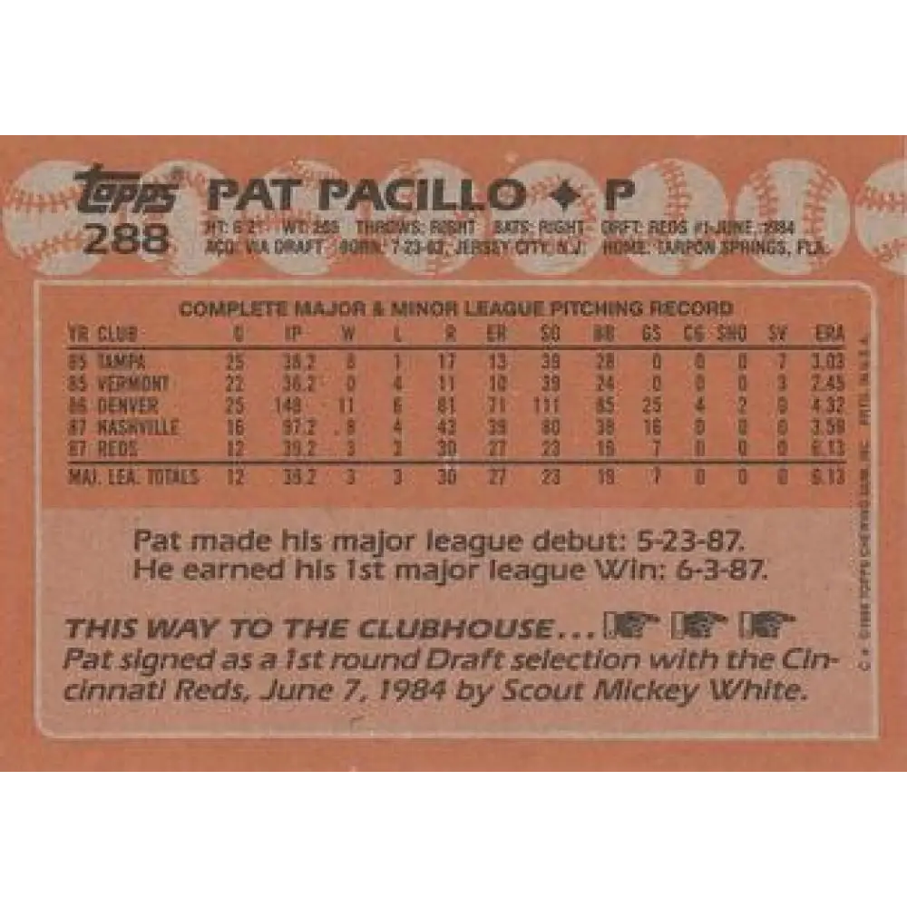 1988 Topps #288 Pat Pacillo NM-MT Cincinnati Reds Baseball Card  Image 2