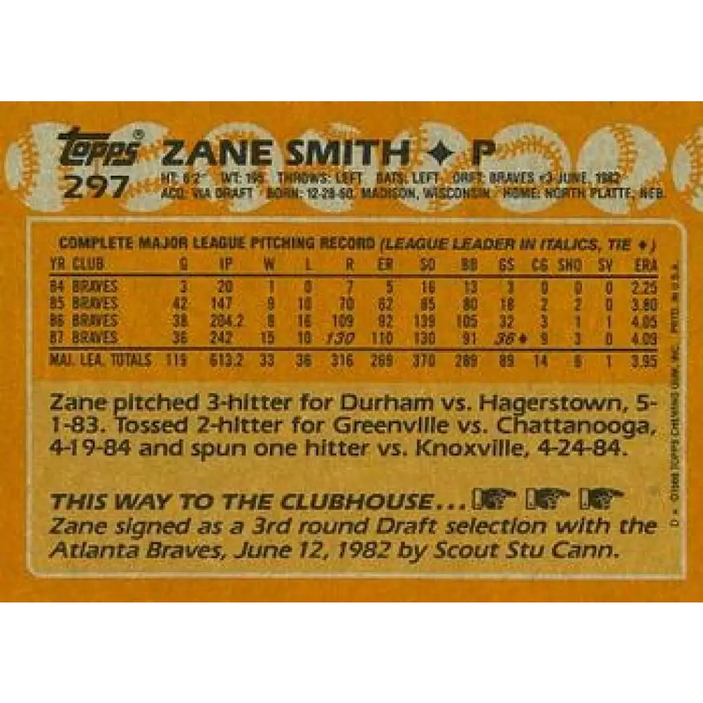 1988 Topps #297 Zane Smith NM-MT Atlanta Braves Baseball Card  Image 2
