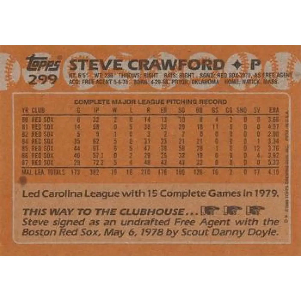 1988 Topps #299 Steve Crawford NM-MT Boston Red Sox Baseball Card  Image 2