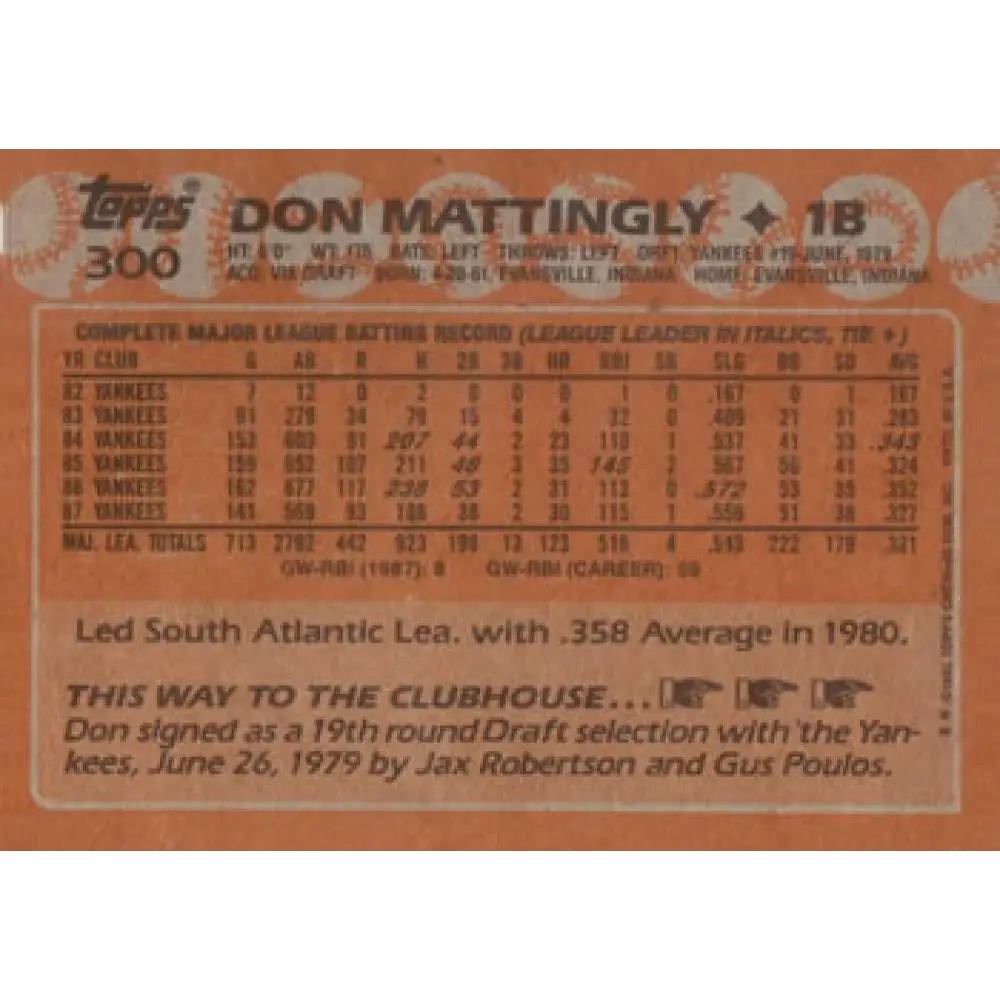 1988 Topps #300 Don Mattingly NM-MT New York Yankees Baseball Card  Image 2