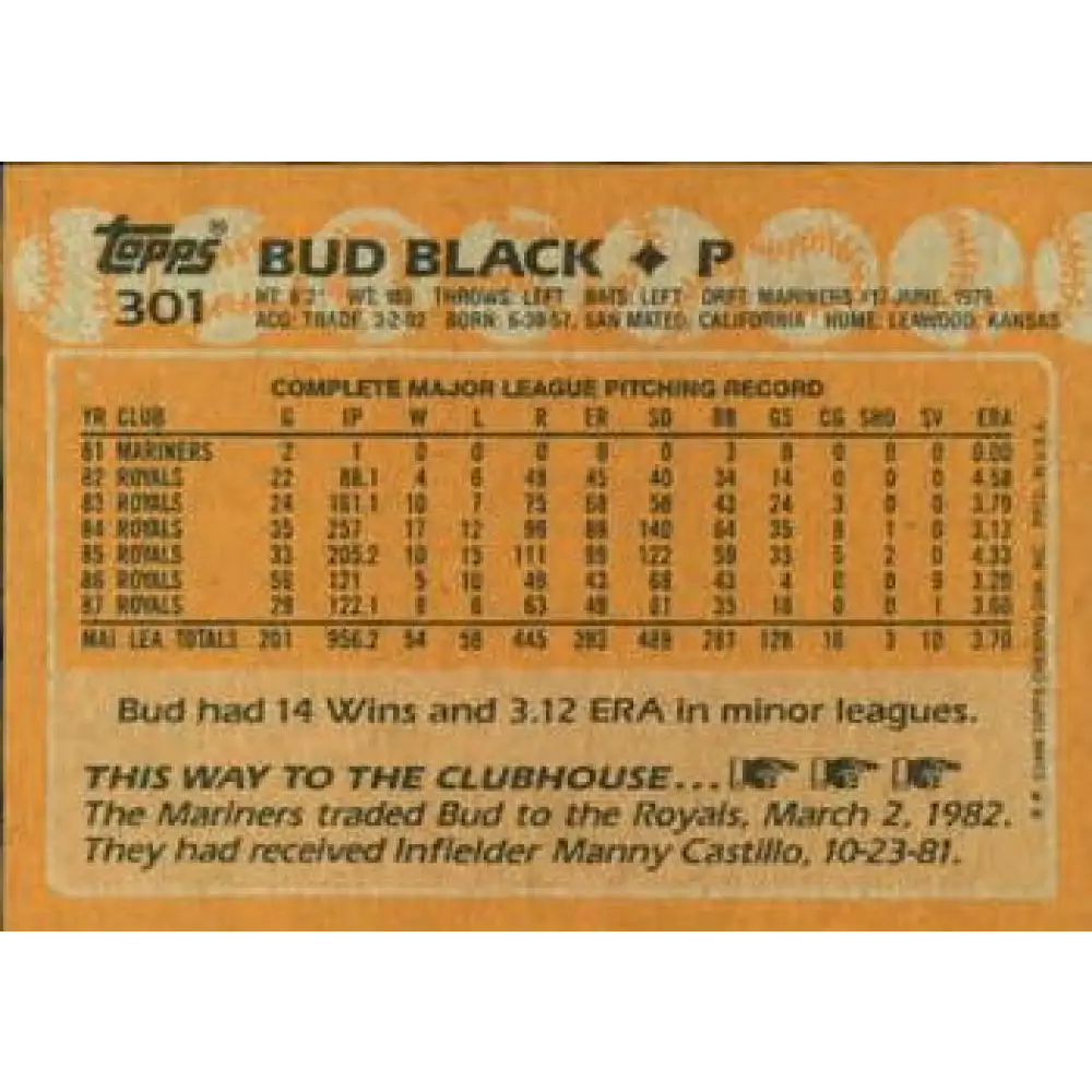 1988 Topps #301 Bud Black NM-MT Kansas City Royals Baseball Card  Image 2