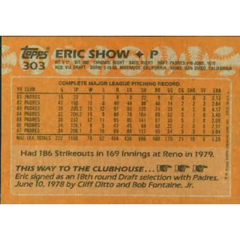 1988 Topps #303 Eric Show NM-MT San Diego Padres Baseball Card  Image 2