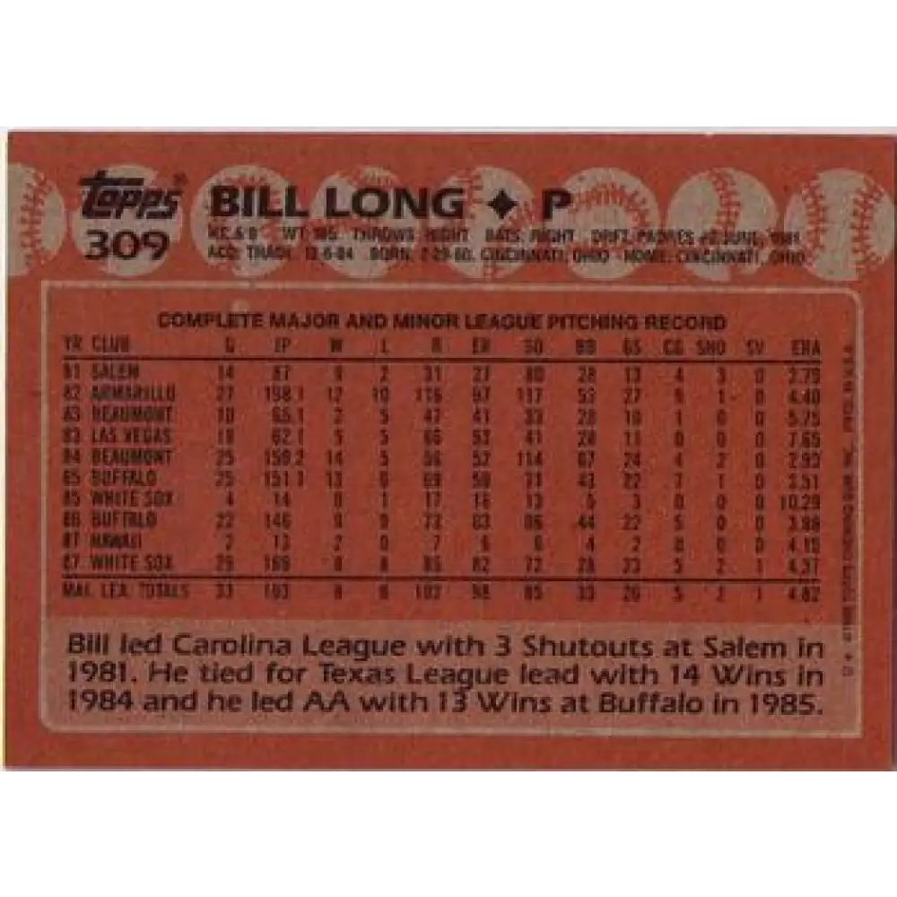 1988 Topps #309 Bill Long NM-MT RC Rookie Chicago White Sox Baseball Card  Image 2