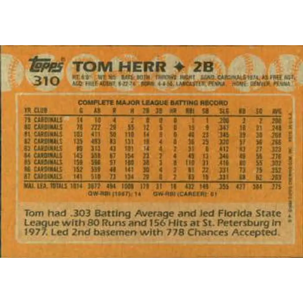 1988 Topps #310 Tom Herr NM-MT St. Louis Cardinals Baseball Card  Image 2