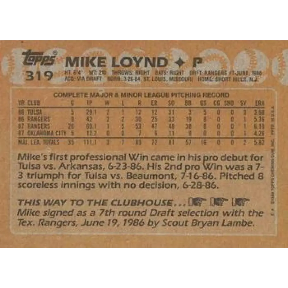 1988 Topps #319 Mike Loynd NM-MT Texas Rangers Baseball Card  Image 2