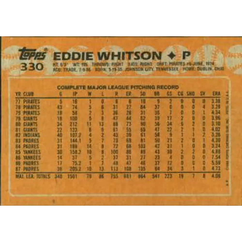 1988 Topps #330 Ed Whitson NM-MT San Diego Padres Baseball Card  Image 2