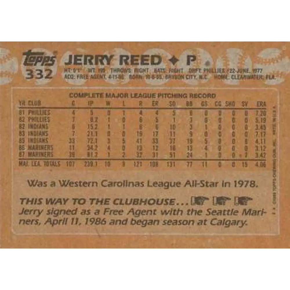 1988 Topps #332 Jerry Reed NM-MT Seattle Mariners Baseball Card  Image 2