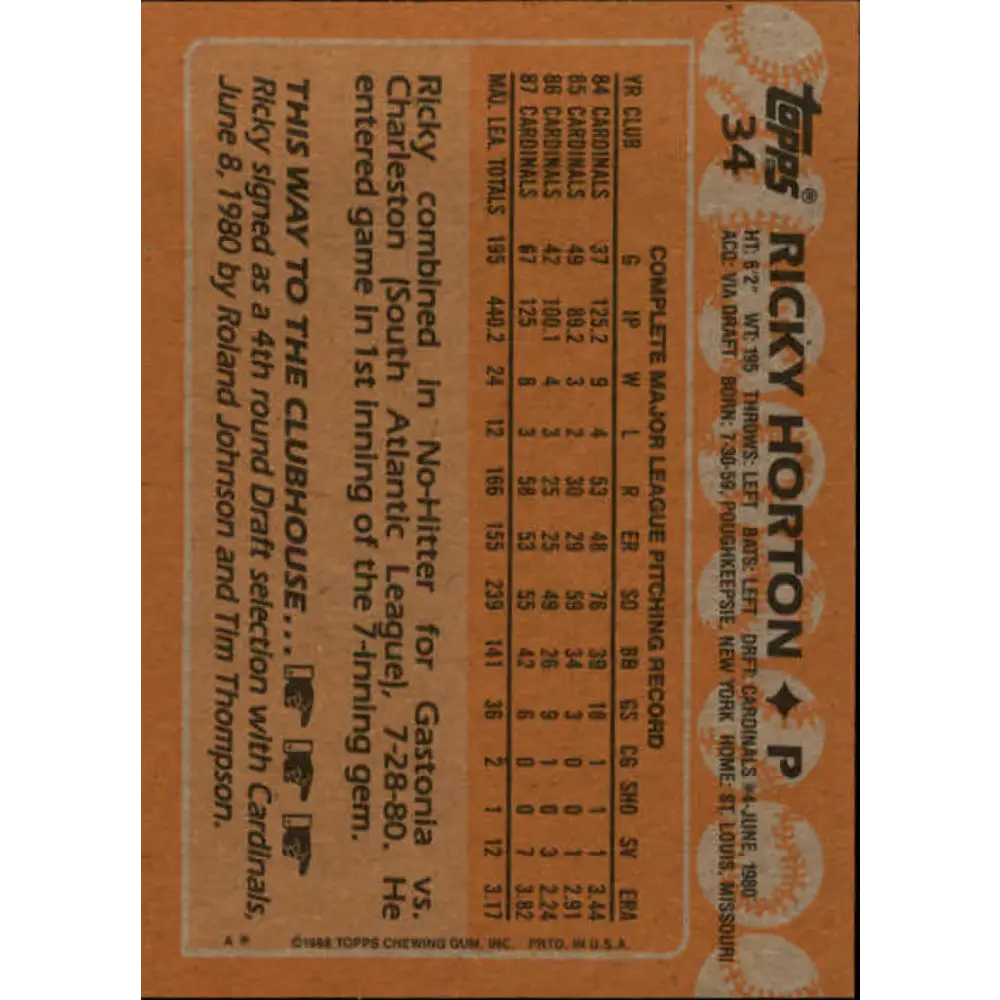 1988 Topps #34 Ricky Horton NM-MT St. Louis Cardinals Baseball Card  Image 2