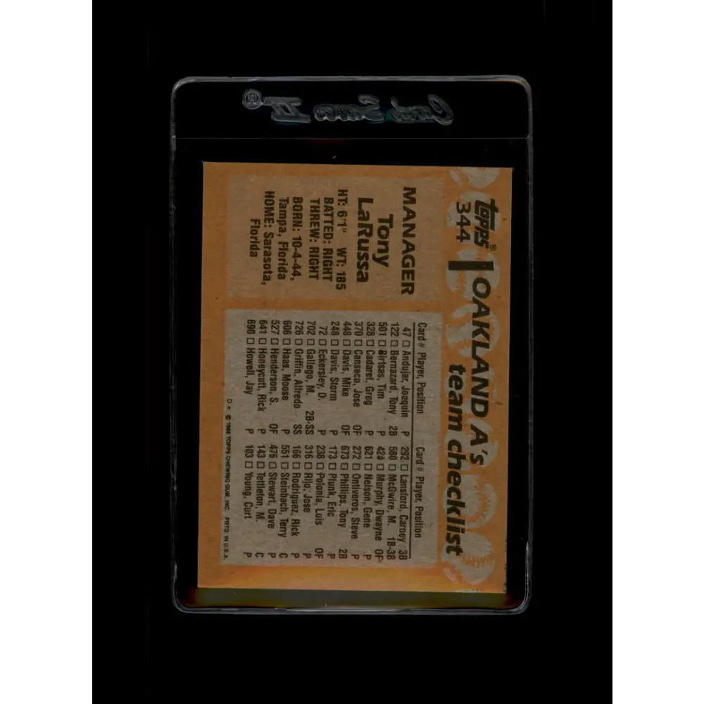 1988 Topps #344 Tony LaRussa NM-MT Oakland Athletics Baseball Card  Image 2