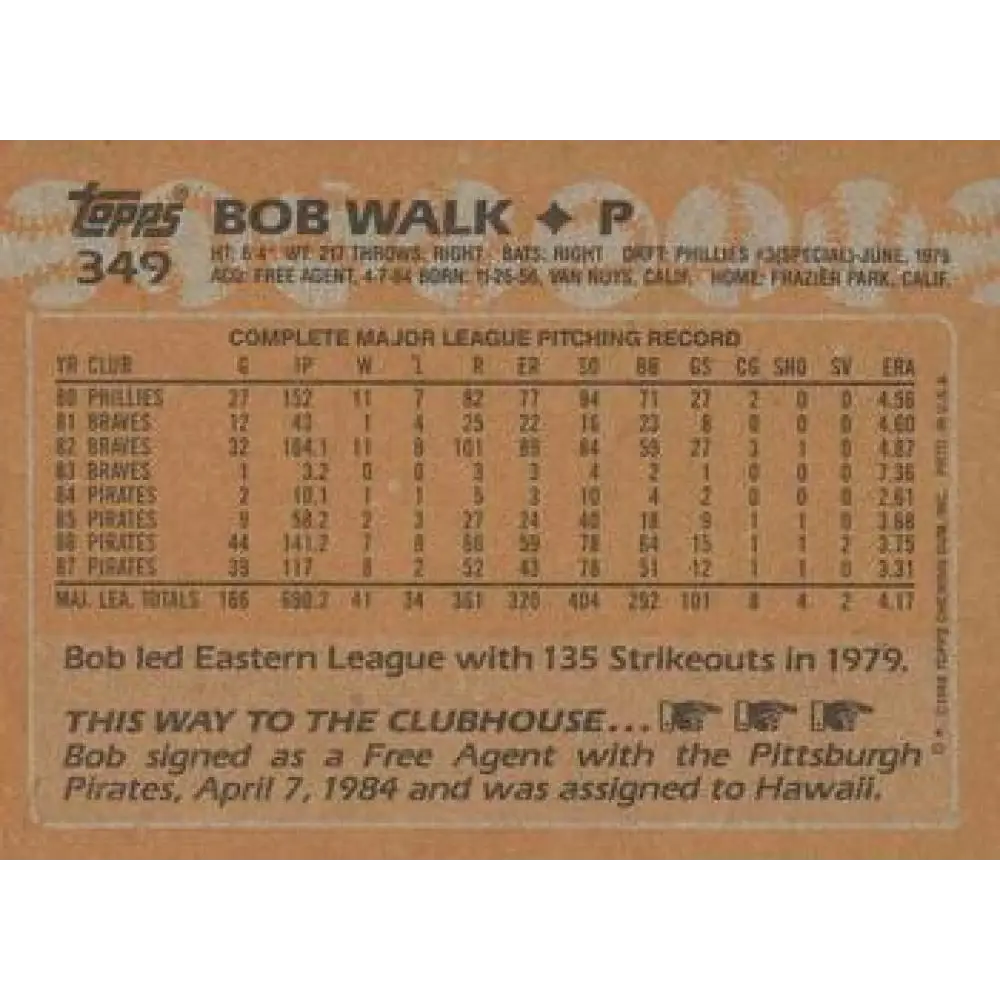 1988 Topps #349 Bob Walk NM-MT Pittsburgh Pirates Baseball Card  Image 2