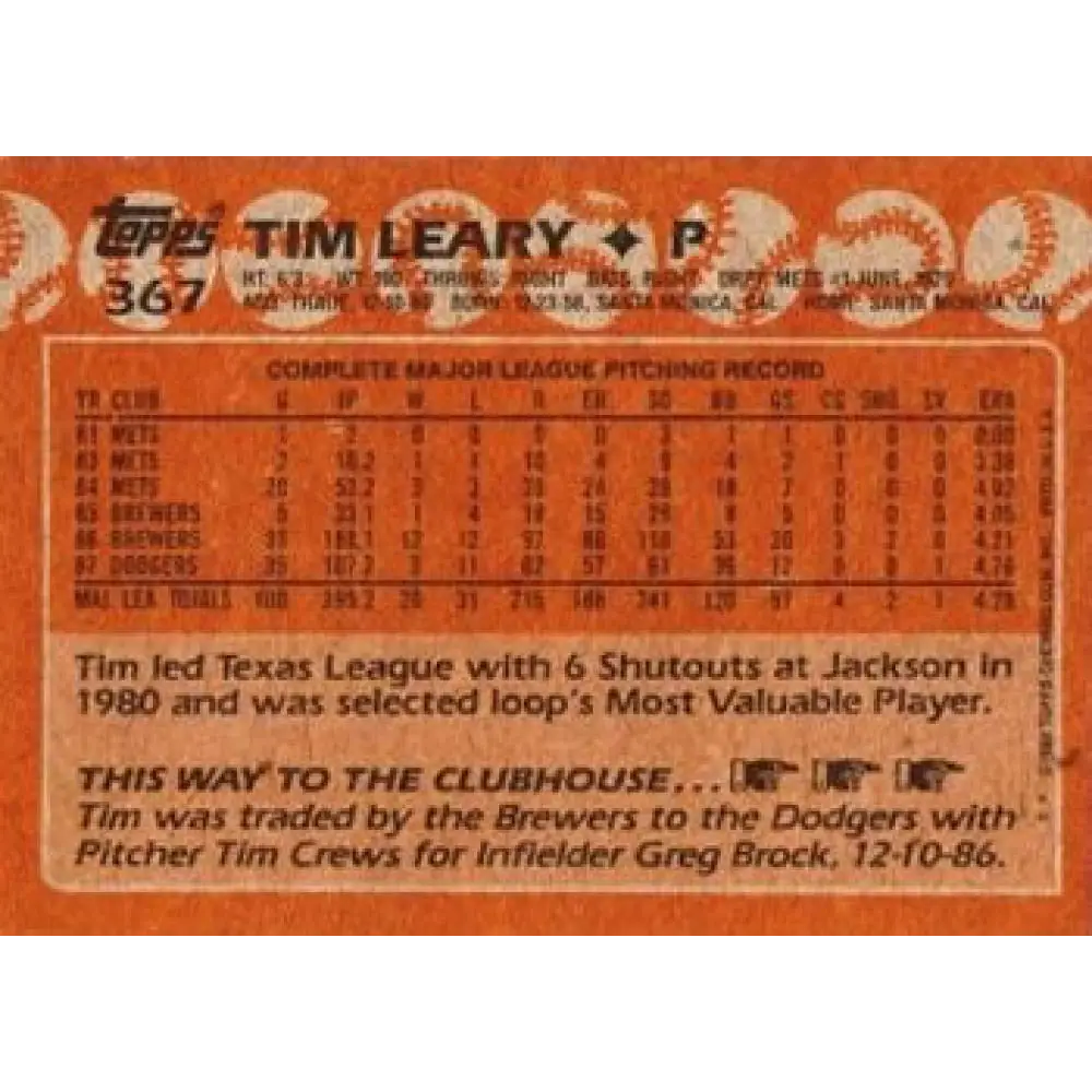 1988 Topps #367 Tim Leary NM-MT Los Angeles Dodgers Baseball Card  Image 2