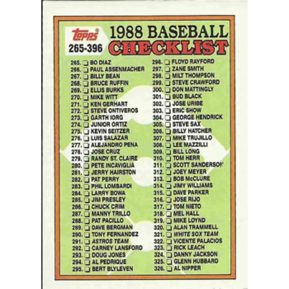 1988 Topps #373 Checklist 265-396 NM-MT Checklist Baseball Card  Image 1